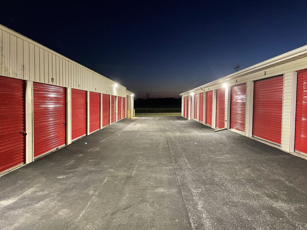 Drive-up Storage Units at Red Barn Storage in Davenport, Iowa at night.