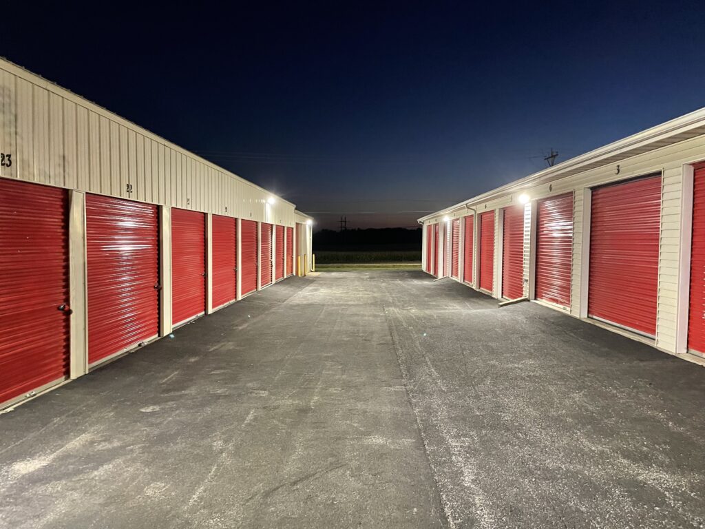 Drive-up Storage Units at Red Barn Storage in Davenport, Iowa at night.