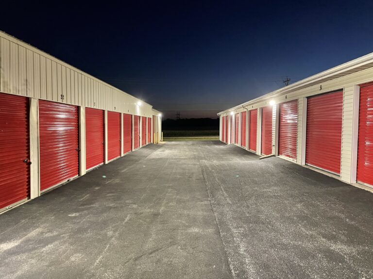 Drive-up Storage Units at Red Barn Storage in Davenport, Iowa at night